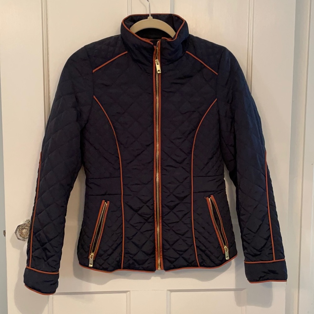 H&M QUILTED BLACK JACKET WITH BROWN PIPING SIZE 6